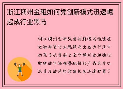 浙江稠州金租如何凭创新模式迅速崛起成行业黑马