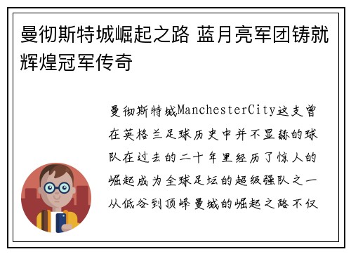 曼彻斯特城崛起之路 蓝月亮军团铸就辉煌冠军传奇