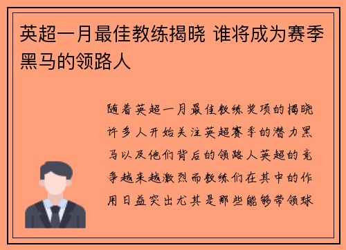 英超一月最佳教练揭晓 谁将成为赛季黑马的领路人